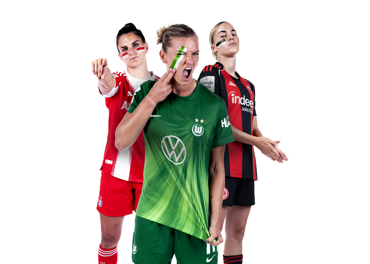 Drei Spielerinnen aus der Google Pixel Frauen-Bundesliga blicken fokussiert in die Kamera.